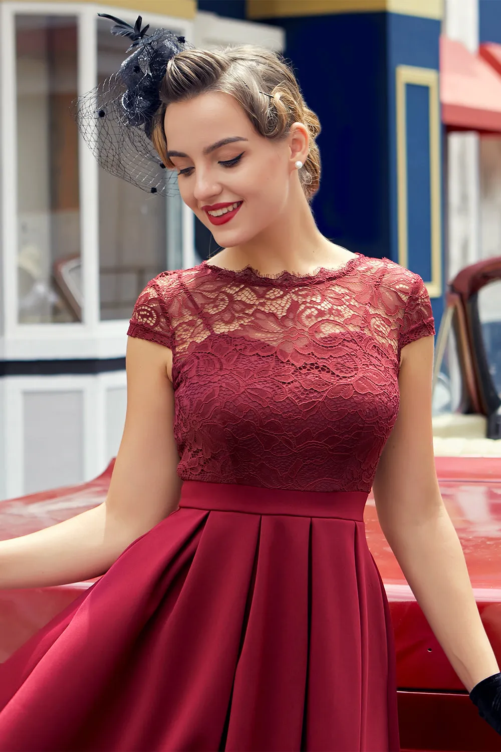 Burgundy Retro 1950s Dress With Lace sold by Zapaka product image thumbnail 3
