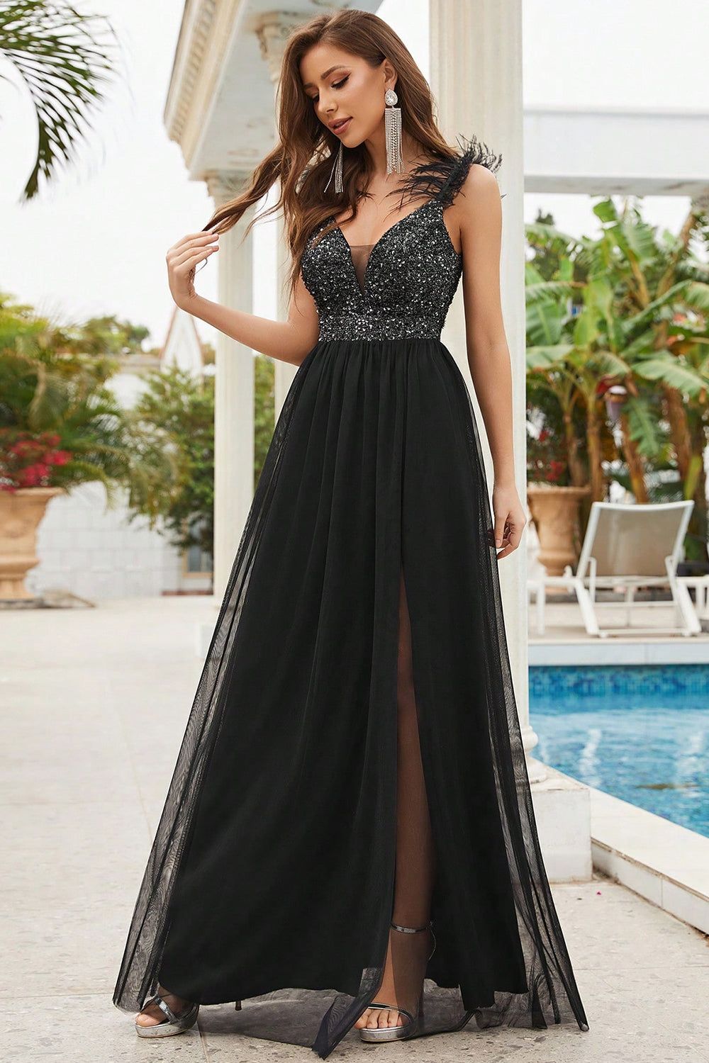 Sequins Spaghetti Straps Black Prom Dress with Slit sold by Zapaka product image thumbnail 4