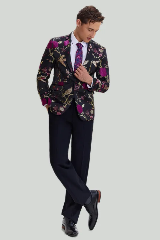 Black Jacquard Satin Notched Lapel Homecoming Blazer sold by Zapaka