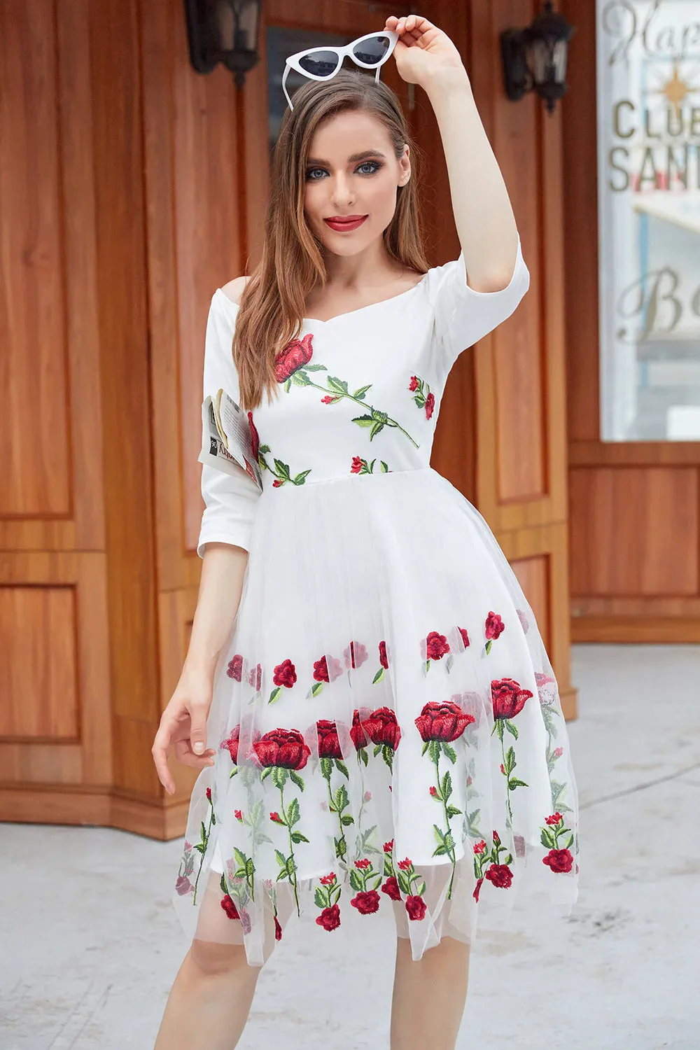 White V Neck Vintage Dress with Rose Embroidery sold by Zapaka product image thumbnail 4