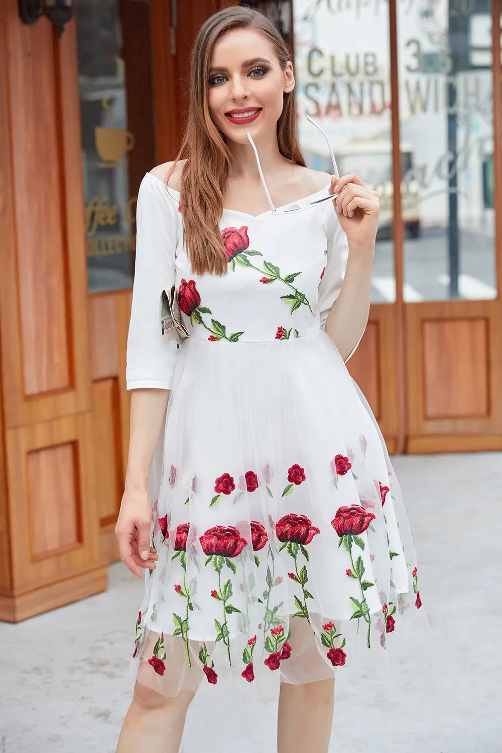 White V Neck Vintage Dress with Rose Embroidery sold by Zapaka