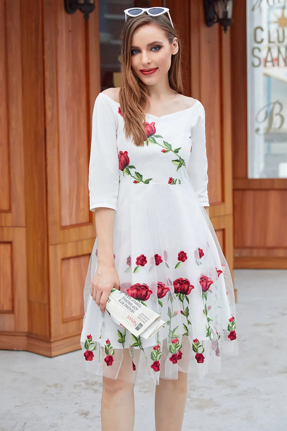 White V Neck Vintage Dress with Rose Embroidery sold by Zapaka product image thumbnail 5