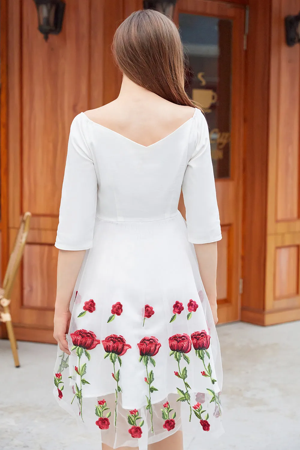 White V Neck Vintage Dress with Rose Embroidery sold by Zapaka product image thumbnail 2