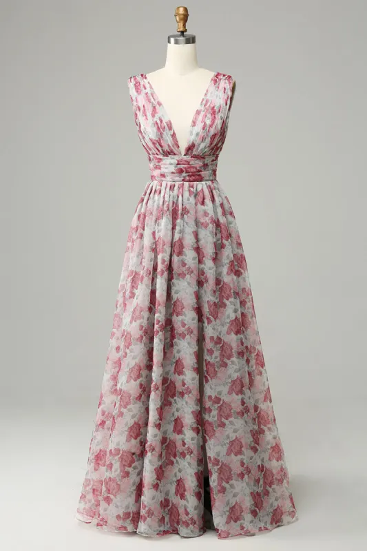 Grey and Pink Floral Long Bridesmaid Dress sold by Zapaka