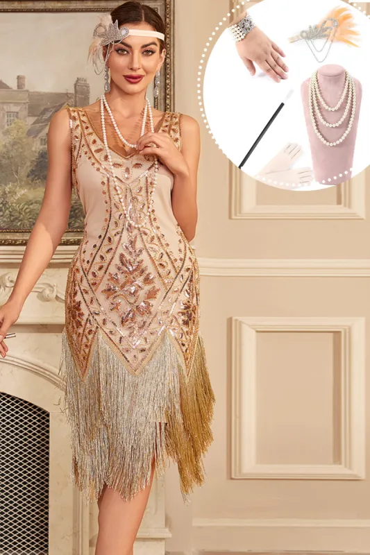 Apricot Sequins Fringe 1920s Flapper Dress with 20s Accessories Set sold by Zapaka