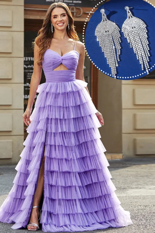 Purple Tulle A-Line Tiered Long Prom Dress With Accessories Set sold by Zapaka