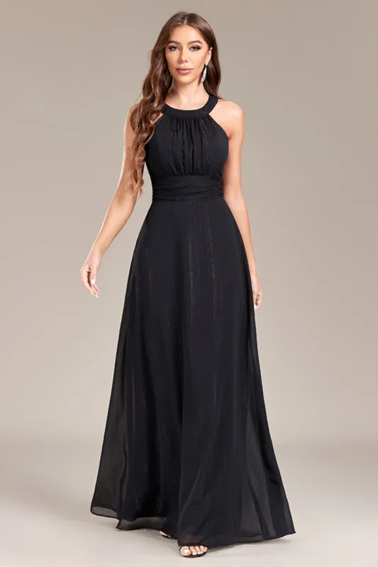 Black A Line Halter Long Prom Dress with Open Back sold by Zapaka
