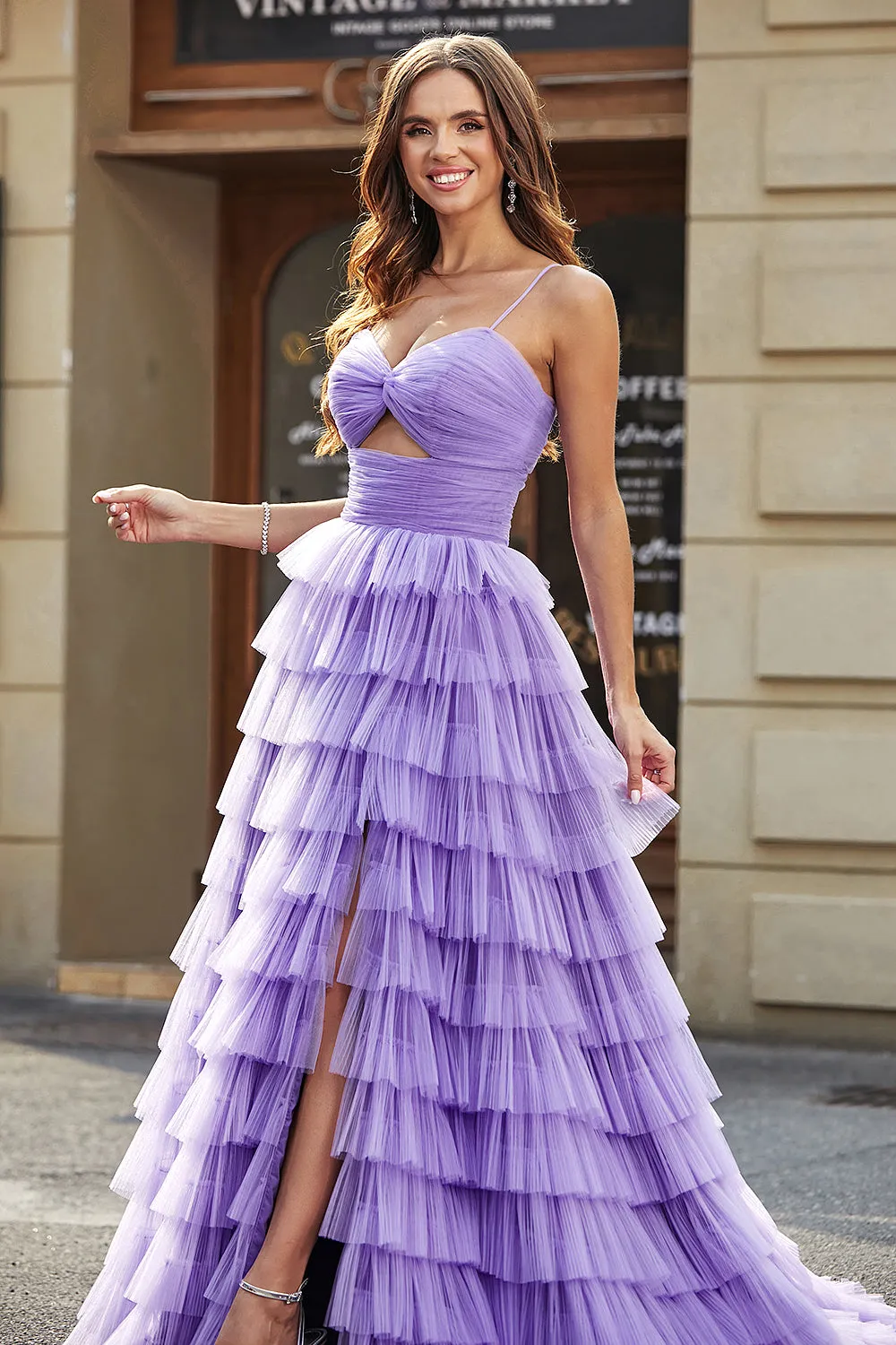 Purple Tulle A-Line Tiered Long Prom Dress With Accessories