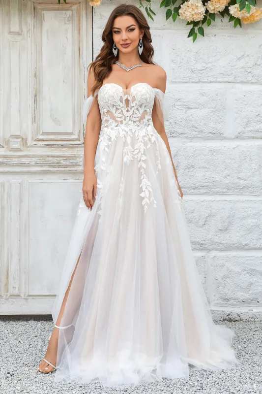 Beauty A Line Off the Shoulder Champagne Tulle Detachable Wedding Dress with Lace sold by Zapaka