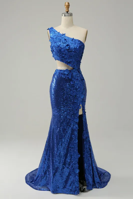 Mermaid One Shoulder Royal Blue Sequins Cut Out Prom Dress with Split Front sold by Zapaka