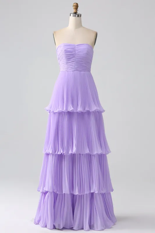 A-Line Sweetheart Lilac Tiered Chiffon Long Bridesmaid Dress with Pleated sold by Zapaka