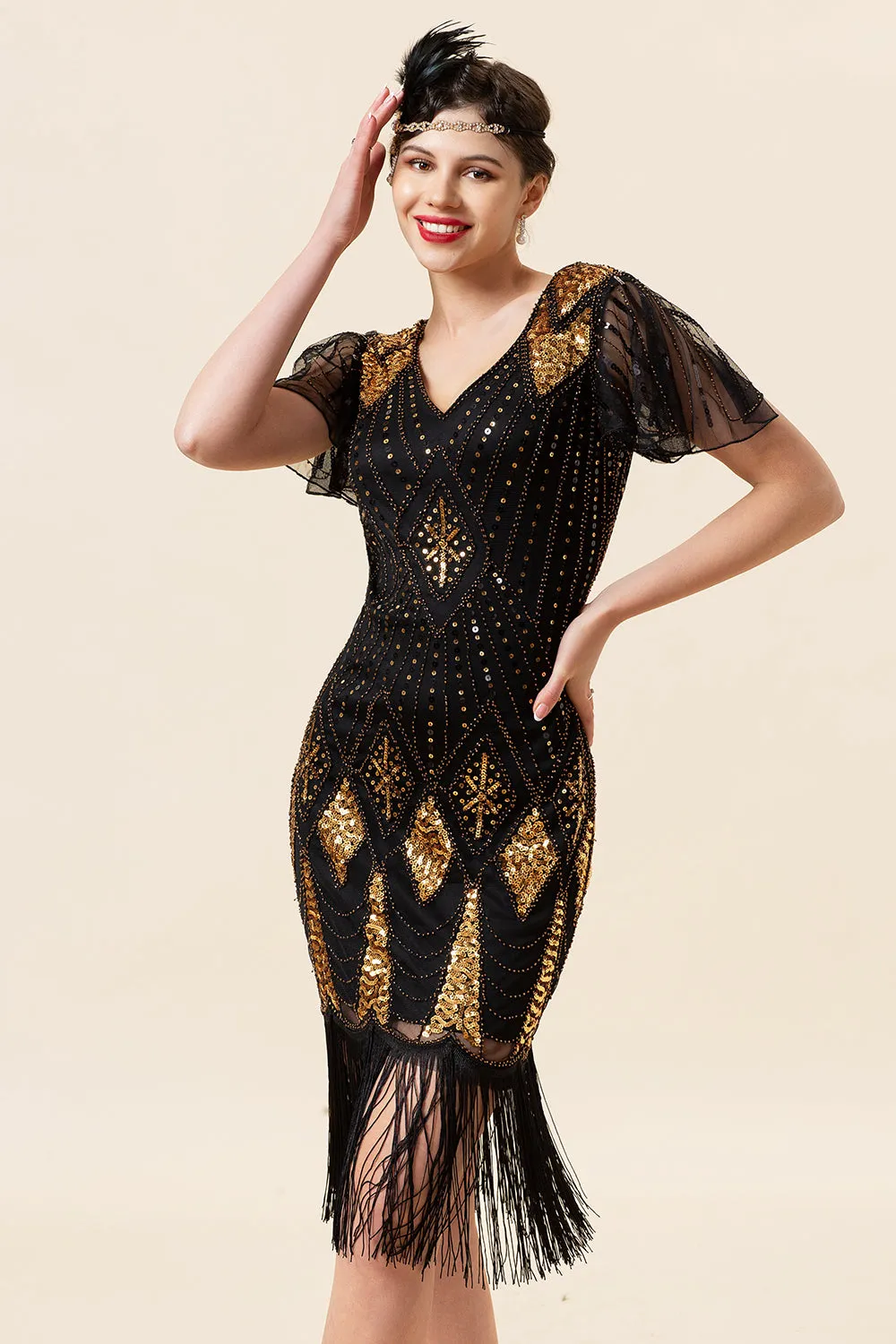 Black and Golden Sequins Fringes 1920s Gatsby Dress with 20s Accessories Set sold by Zapaka product image thumbnail 5