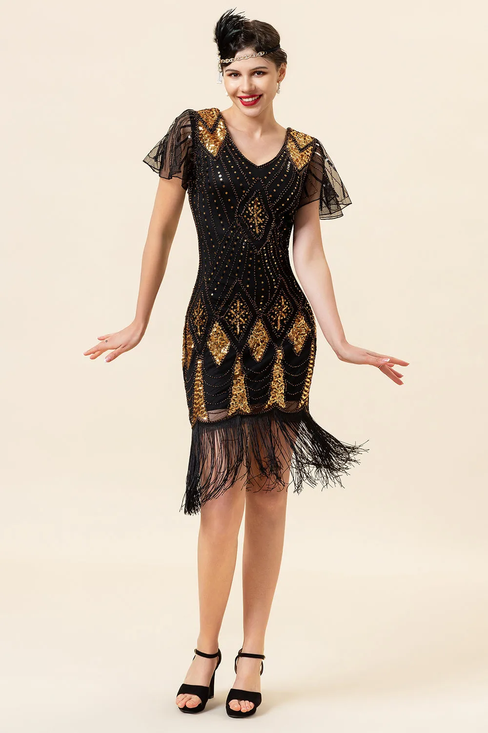 Black and Golden Sequins Fringes 1920s Gatsby Dress with 20s Accessories Set sold by Zapaka product image thumbnail 2