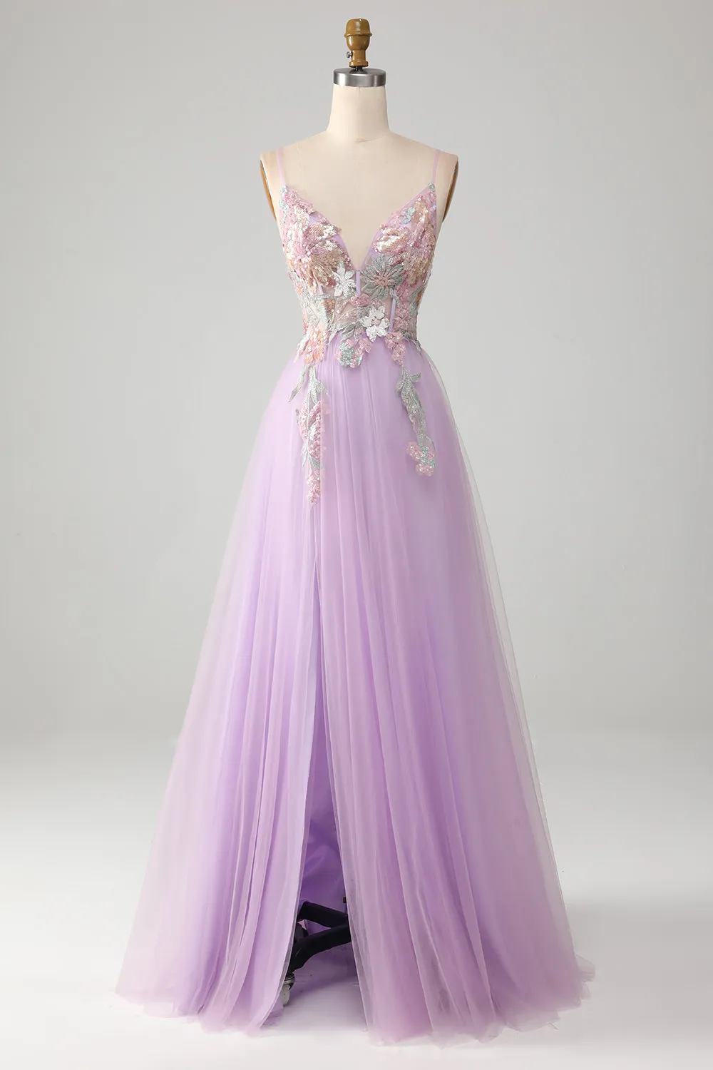Glitter A-Line Spaghetti Straps Lilac Long Prom Dress with Flowers sold by Zapaka