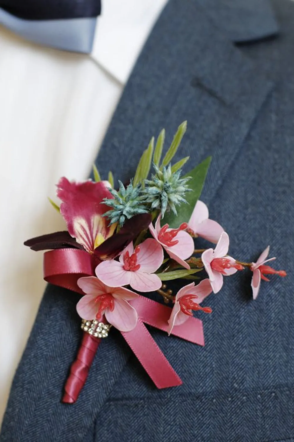 Burgundy Prom Wrist Corsage and Men‘s Boutonniere with Pearls sold by Zapaka product image thumbnail 3