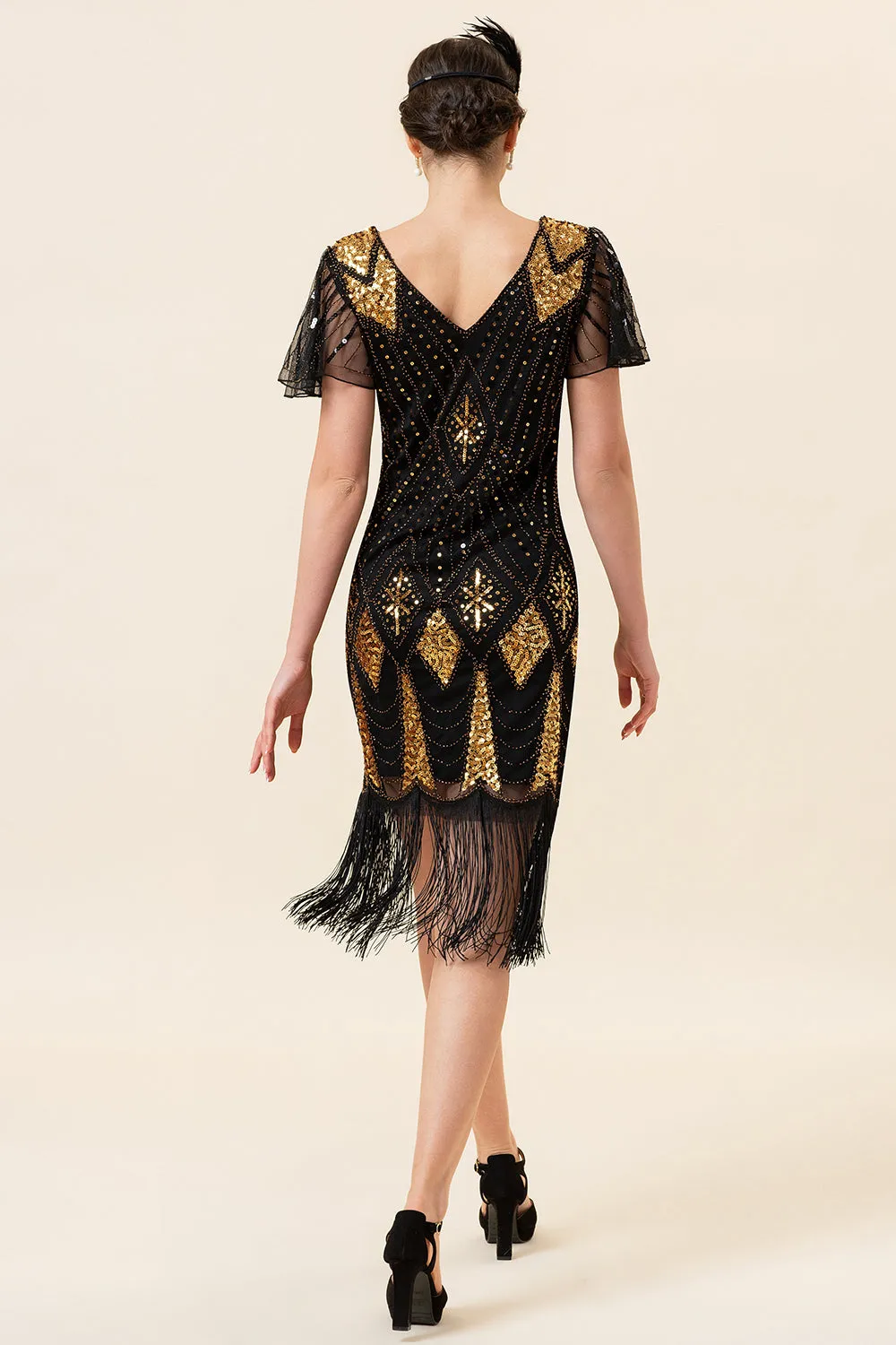 Black and Golden Sequins Fringes 1920s Gatsby Dress with 20s Accessories Set sold by Zapaka product image thumbnail 3