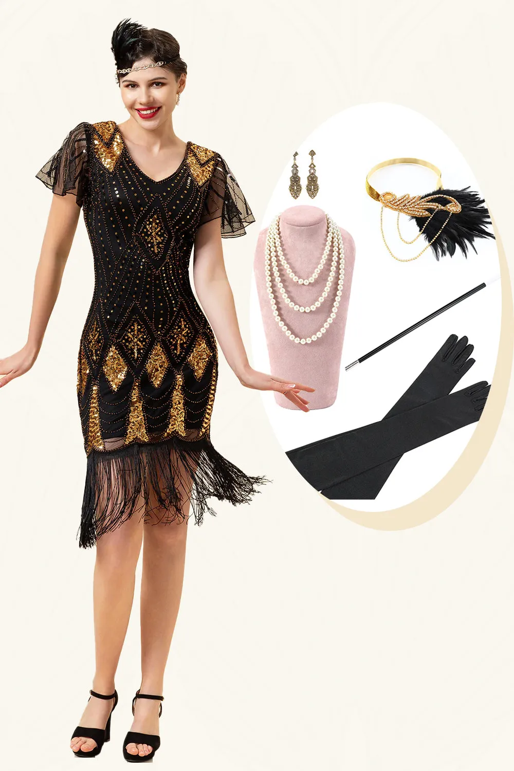 Black and Golden Sequins Fringes 1920s Gatsby Dress with 20s Accessories Set sold by Zapaka