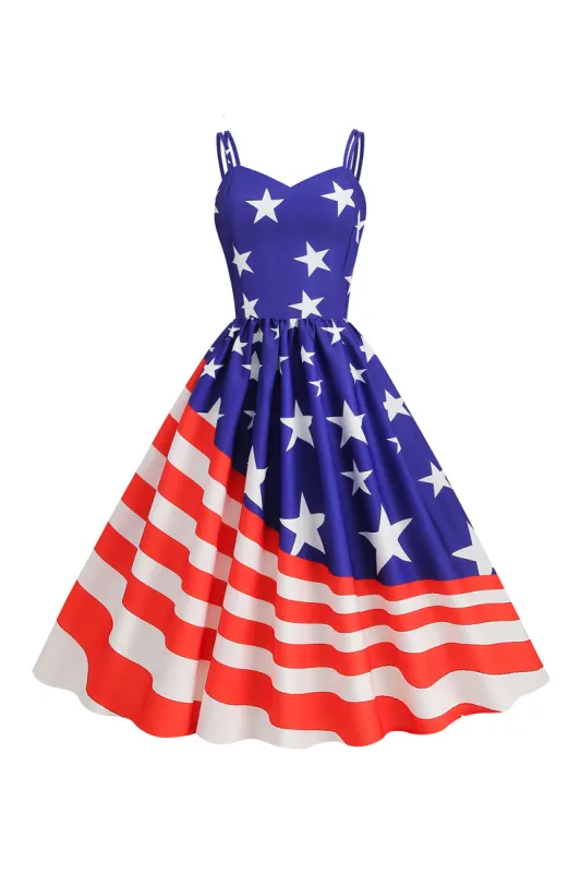 Blue Stars Stripes Printed Spaghetti Straps 1950s Dress sold by Zapaka