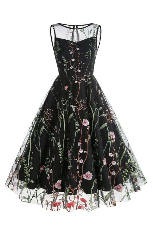 A Line Jewel Black Vintage Dress with Embroidery sold by Zapaka