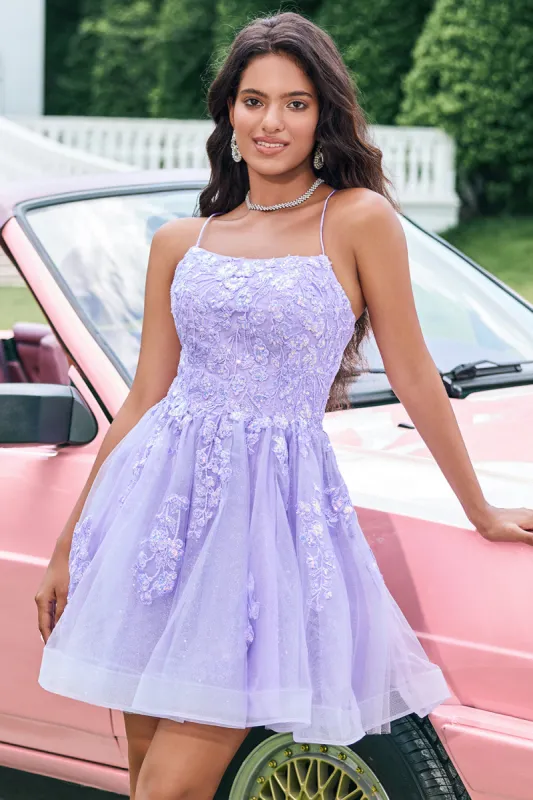 Cute Glitter Lilac A Line Sequins Short Lace Up Back Homecoming Dress with Appliques sold by Zapaka