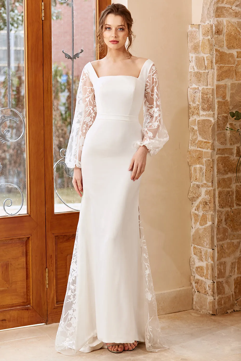 White Mermaid Long Sleeves Wedding Dress sold by Zapaka