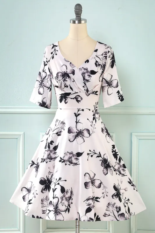 V Neck Half Sleeves White Printed Vintage Dress sold by Zapaka