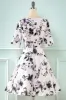 V Neck Half Sleeves White Printed Vintage Dress sold by Zapaka