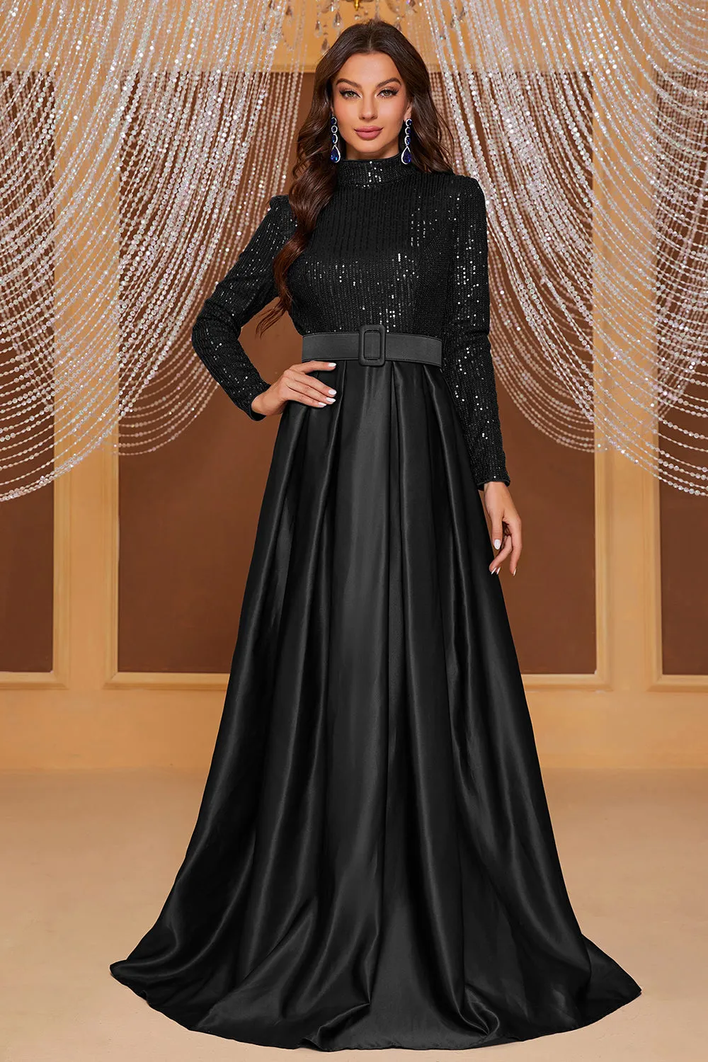 Black A Line High Neck Long Prom Dress with Sequins sold by Zapaka