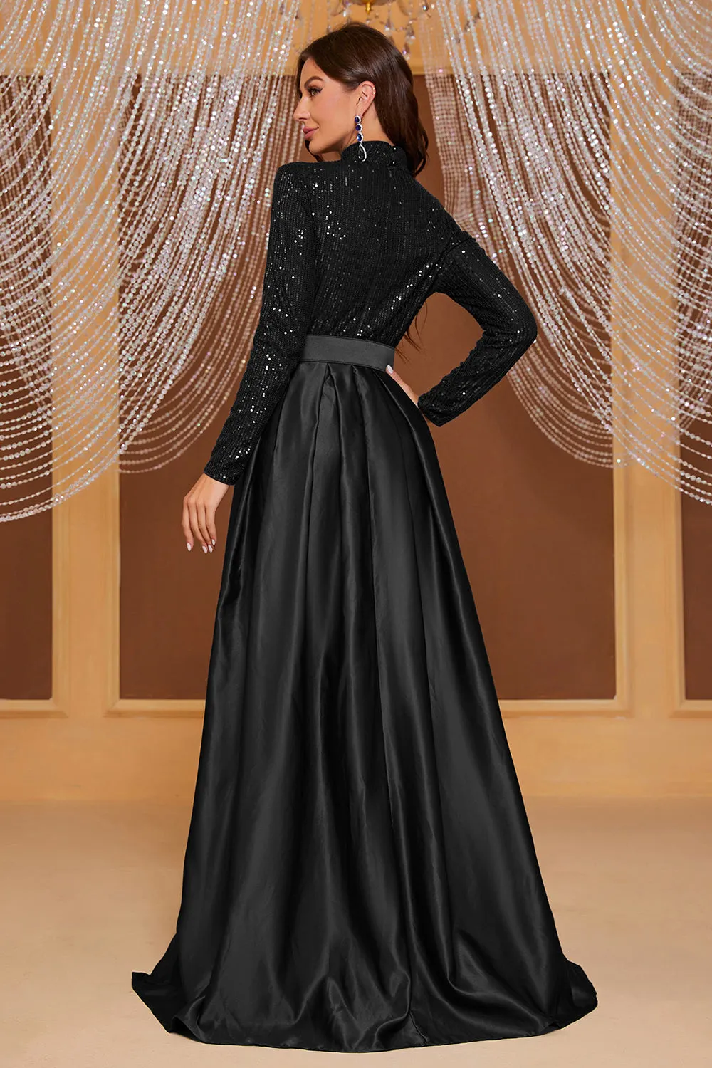 Black A Line High Neck Long Prom Dress with Sequins sold by Zapaka product image thumbnail 2