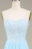 Sky Blue A-Line Spaghetti Straps Chiffon Long Bridesmaid Dress With Beading sold by Zapaka