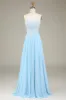 Sky Blue A-Line Spaghetti Straps Chiffon Long Bridesmaid Dress With Beading sold by Zapaka