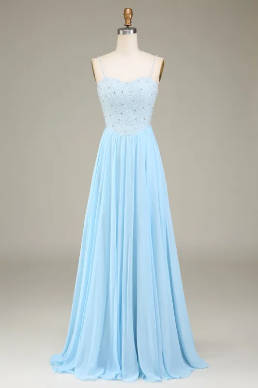 Sky Blue A-Line Spaghetti Straps Chiffon Long Bridesmaid Dress With Beading sold by Zapaka