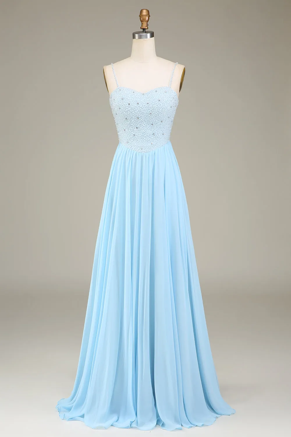 Sky Blue A-Line Spaghetti Straps Chiffon Long Bridesmaid Dress With Beading sold by Zapaka