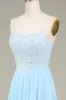 Sky Blue A-Line Spaghetti Straps Chiffon Long Bridesmaid Dress With Beading sold by Zapaka