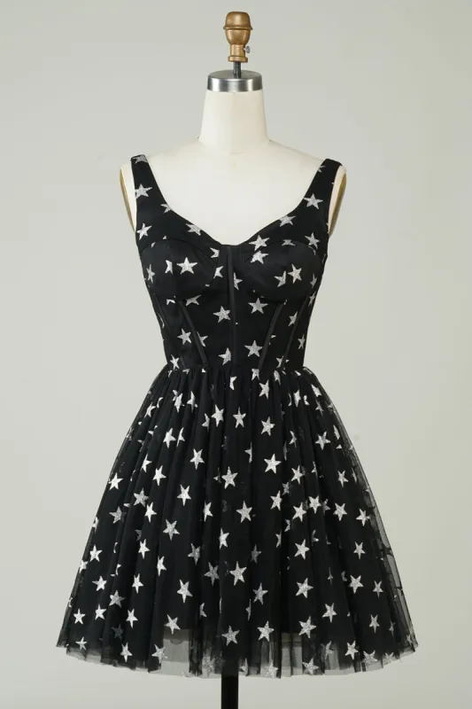 Cute A Line V Neck Black Tulle Short Homecoming Dress with Stars sold by Zapaka