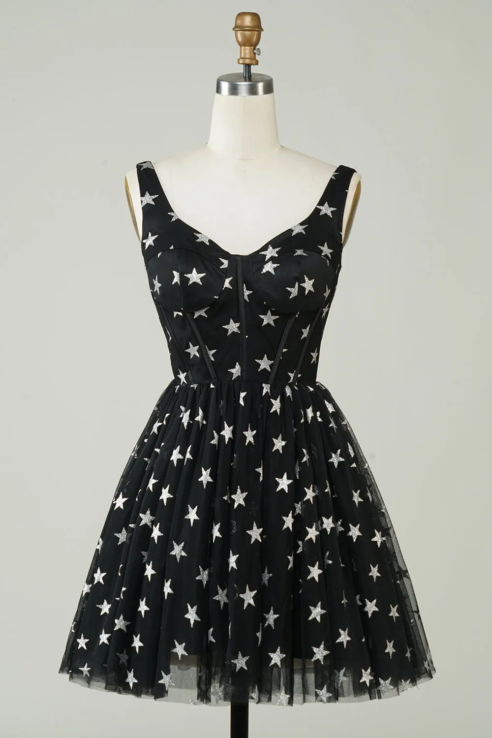 Cute A Line V Neck Black Tulle Short Homecoming Dress with Stars sold by Zapaka