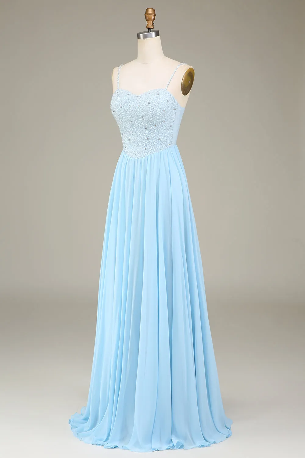 Sky Blue A-Line Spaghetti Straps Chiffon Long Bridesmaid Dress With Beading sold by Zapaka product image thumbnail 3