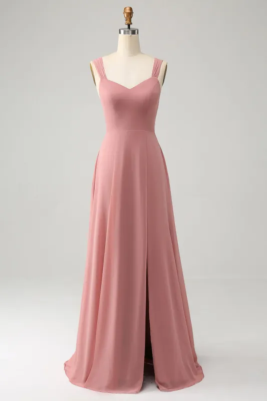 Brick Red A Line Spaghetti Straps Long Bridesmaid Dress with Slit sold by Zapaka