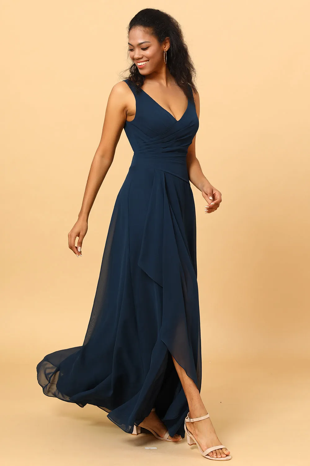 Navy V-Neck Chiffon Bridesmaid Dress with Ruffles sold by Zapaka product image thumbnail 4
