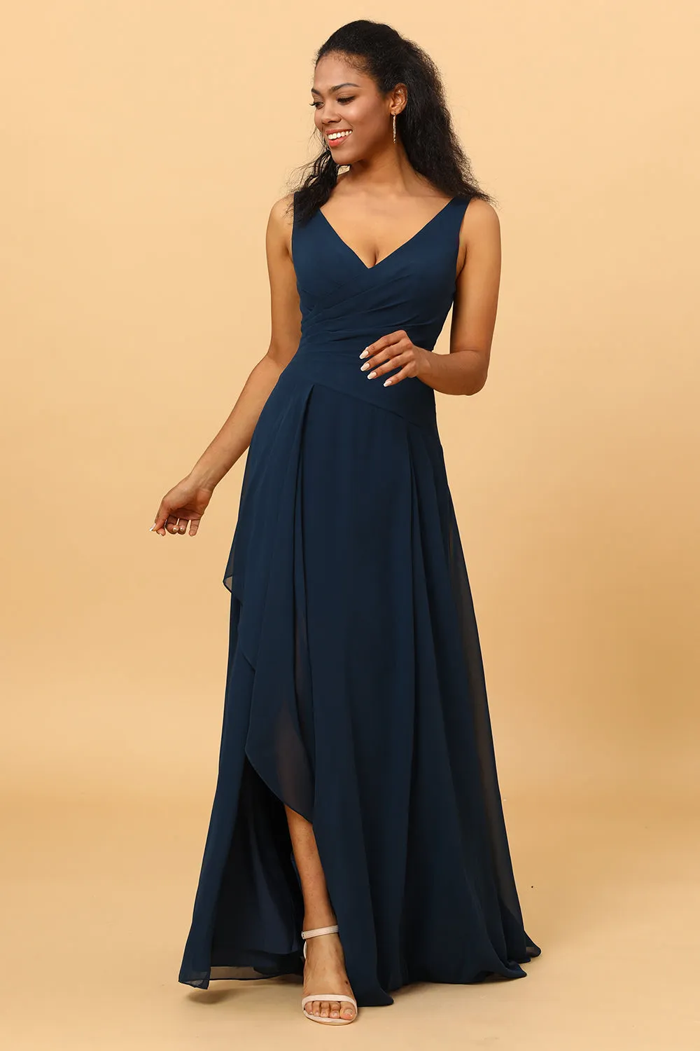 Navy V-Neck Chiffon Bridesmaid Dress with Ruffles sold by Zapaka product image thumbnail 5