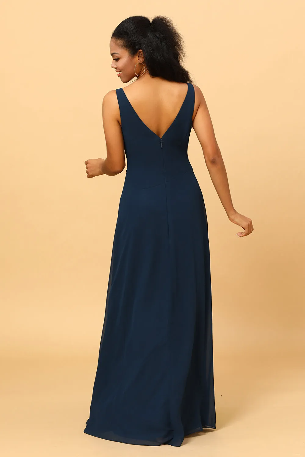 Navy V-Neck Chiffon Bridesmaid Dress with Ruffles sold by Zapaka product image thumbnail 2