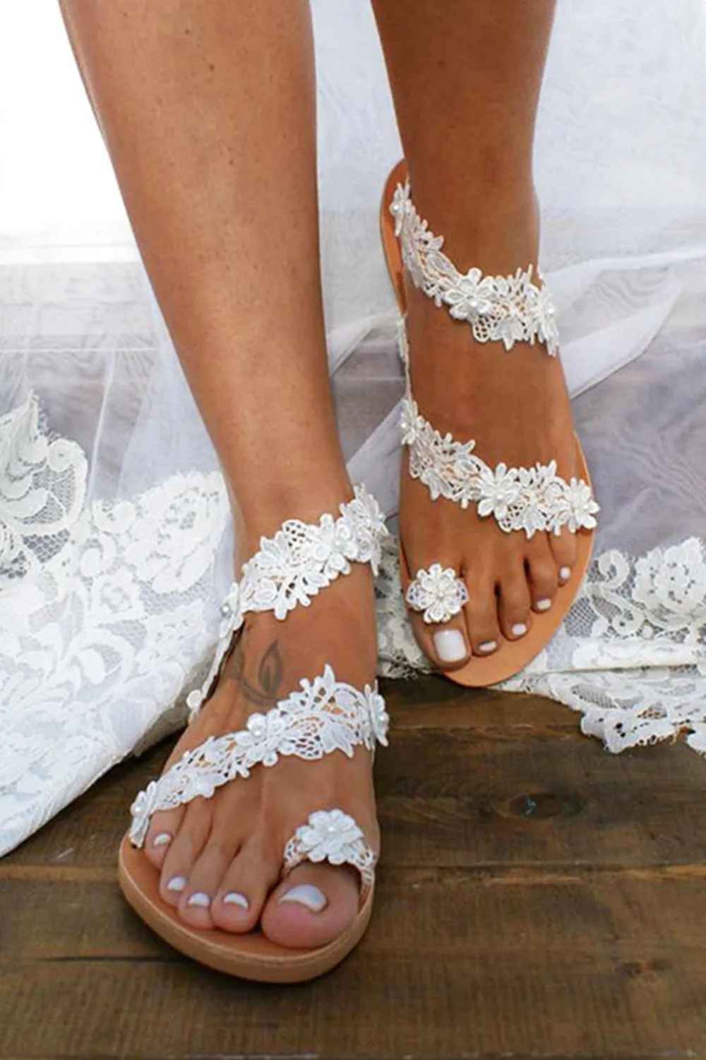 Boho White Lace Flat Women Sandals sold by Zapaka product image thumbnail 2