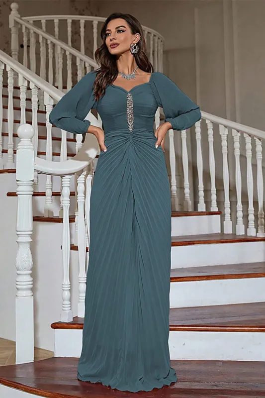 Long Sleeves Pleated Mother of the Bride Dress with Beading sold by Zapaka