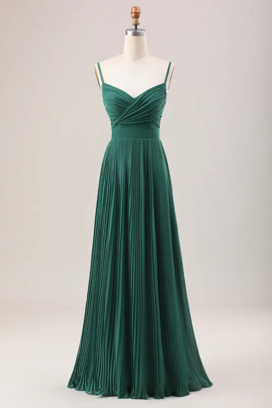 Dark Green A Line Spaghetti Straps Long Chiffon Bridesmaid Dress sold by Zapaka