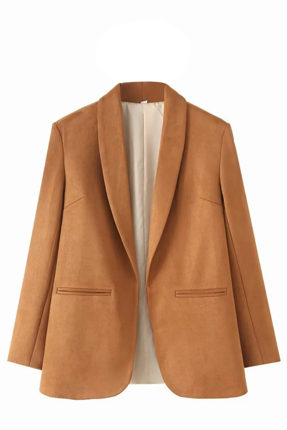Casual Camel Shawl Lapel Open Front Women Blazer sold by Zapaka