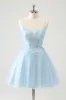 Cute Glitter Blue A Line Beaded Corset Tulle Homecoming Dress with Appliques sold by Zapaka