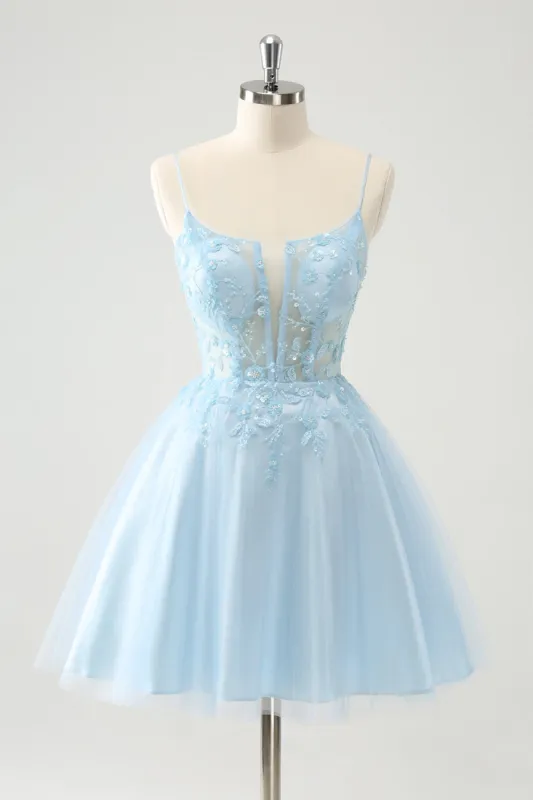 Cute Glitter Blue A Line Beaded Corset Tulle Homecoming Dress with Appliques sold by Zapaka