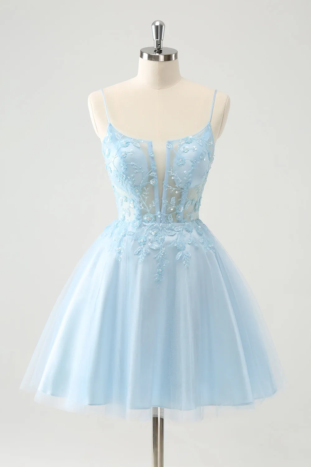 Cute Glitter Blue A Line Beaded Corset Tulle Homecoming Dress with Appliques sold by Zapaka