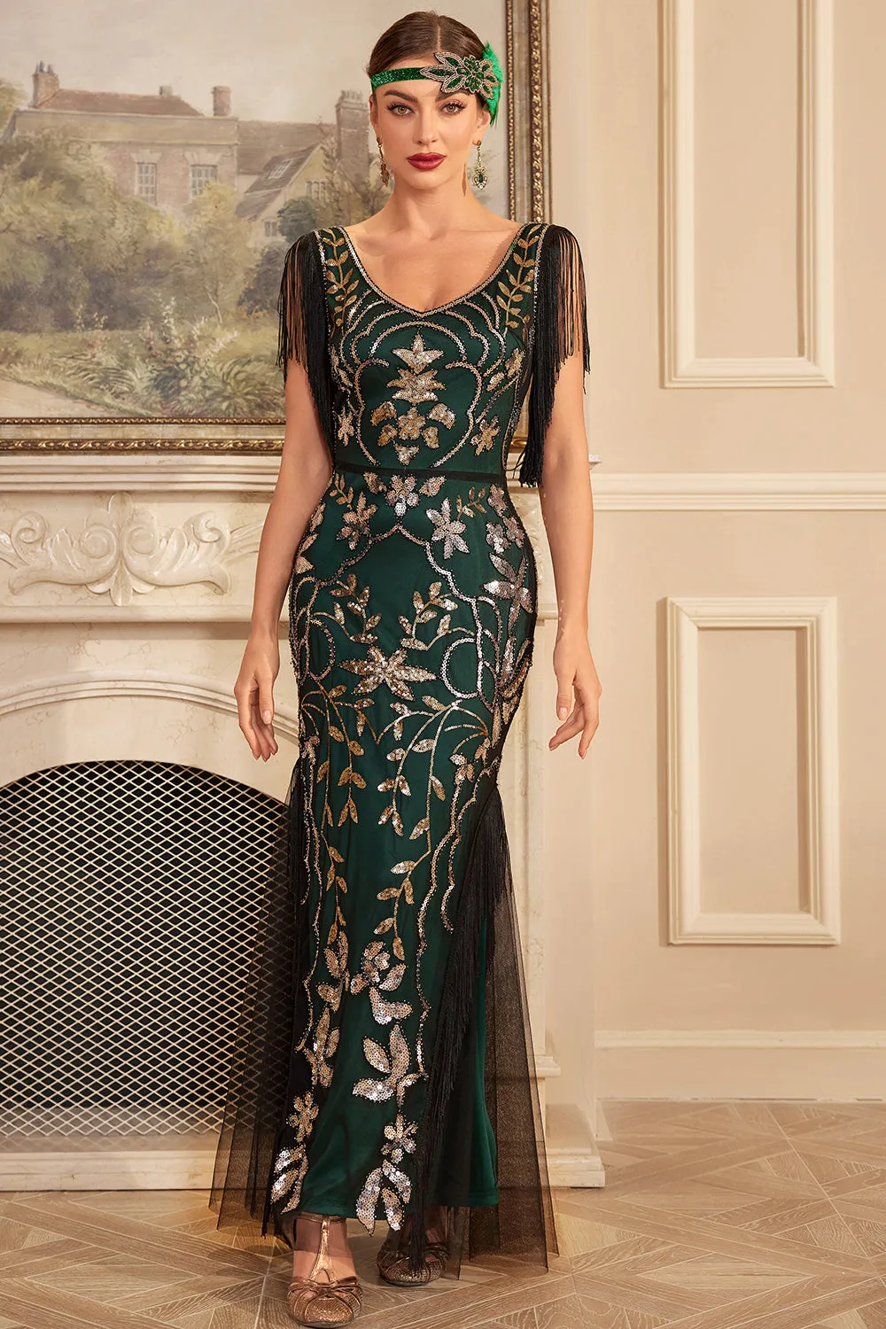 Green Golden Sequins Fringe Long 1920s Flapper Dress with Accessories Set sold by Zapaka product image thumbnail 3
