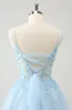Cute Glitter Blue A Line Beaded Corset Tulle Homecoming Dress with Appliques sold by Zapaka